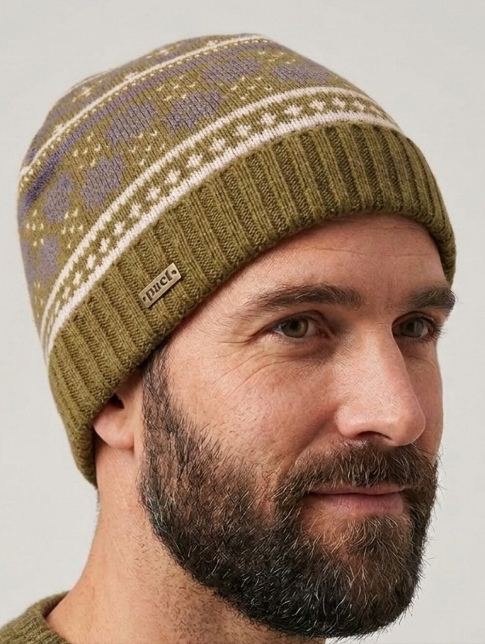 #256 Pact Olive Green and Lavender Fair Isle Knit Beanie